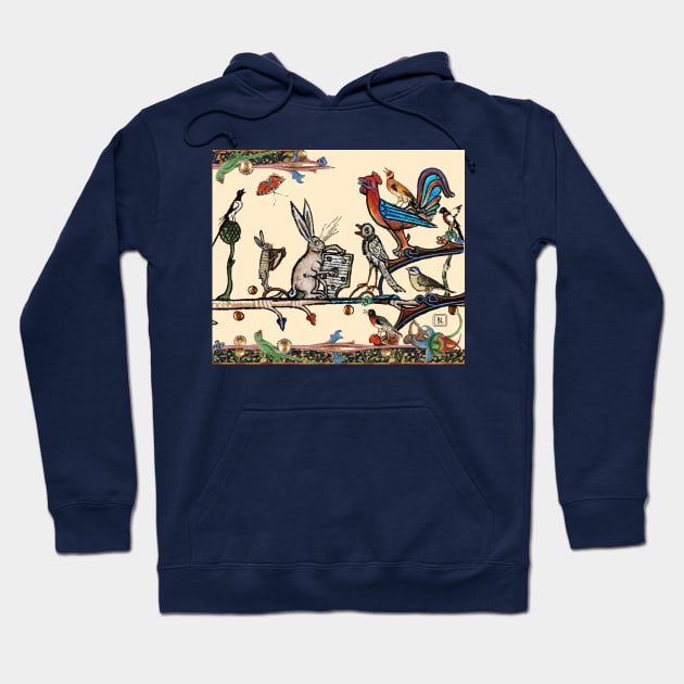 WEIRD MEDIEVAL BESTIARY MORNING MUSIC CONCERT OF RABBITS AND BIRDS Hoodie by BulganLumini